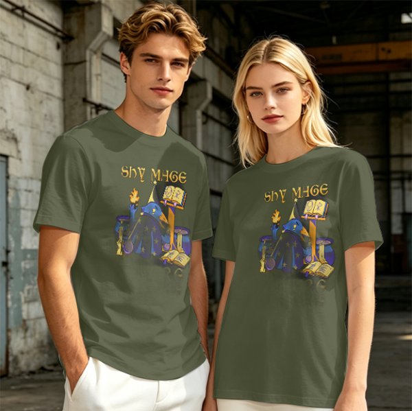 Olive T-Shirt with Shy Mage Wizard and Magical Artwork Print