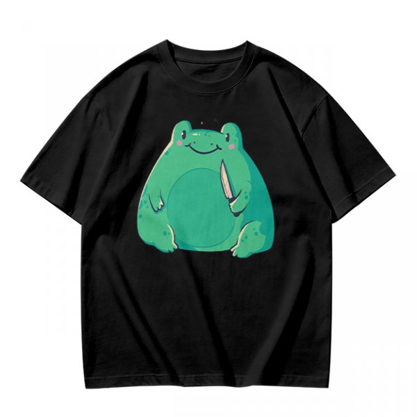 Olive Green T-Shirt With Cute Frog Holding Knife Graphic