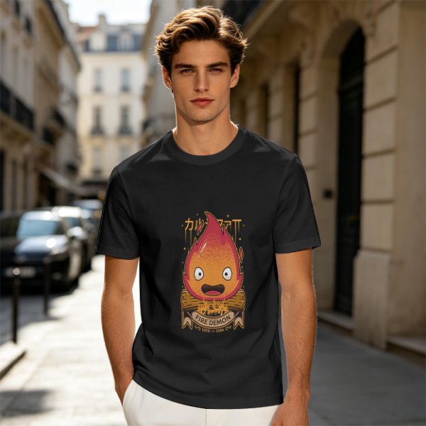 Olive t-shirt with Calcifer Fire Demon graphic print