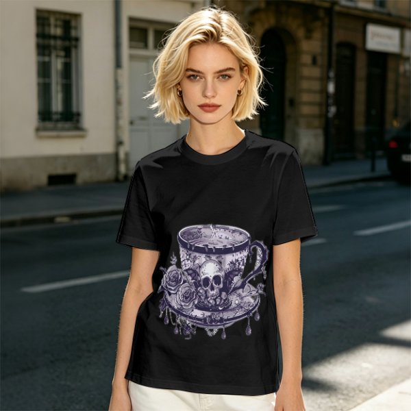 Olive T-shirt with Gothic Skull Teacup and Roses Print