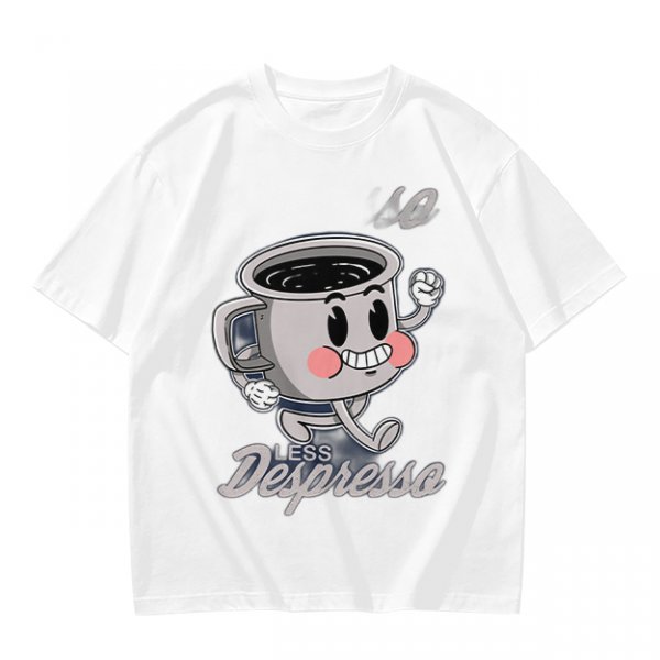 Olive green t-shirt with running espresso cup graphic and 'Less Despresso' text