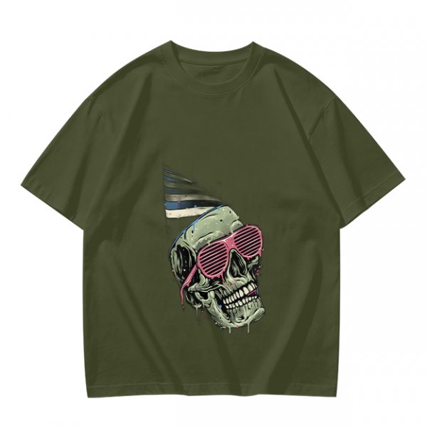 Olive T-Shirt With Party Skull Wearing Pink Shutter Shades