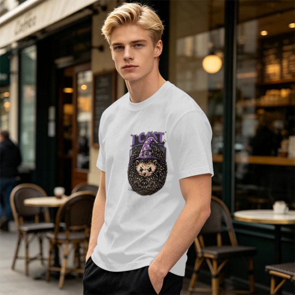Olive green t-shirt with a hedgehog wizard graphic and 'I CAST' text