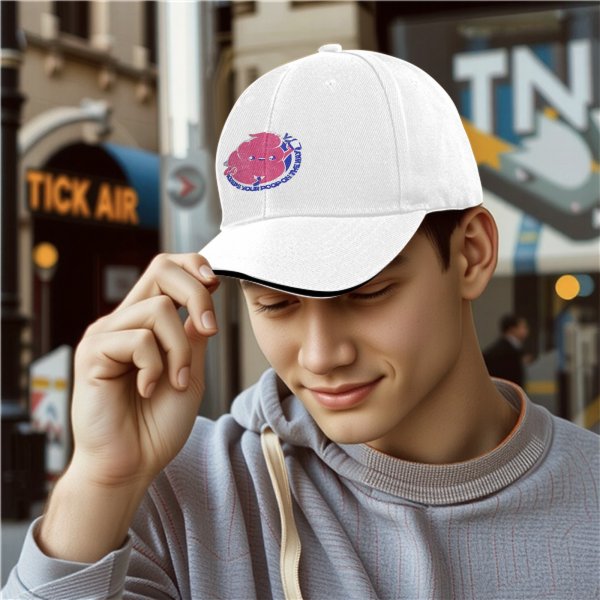 Black baseball cap with cartoon poop graphic and text print