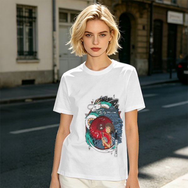 Spirited Away anime graphic olive green short sleeve t-shirt