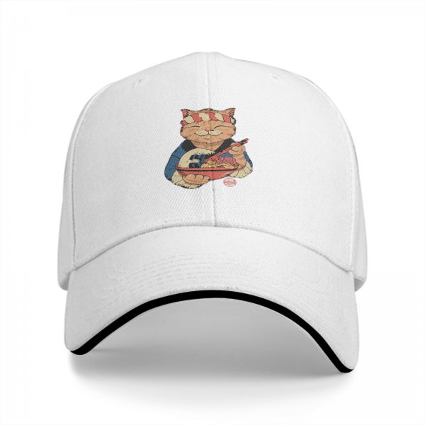 Black Baseball Cap with Ramen Chef Cat Graphic