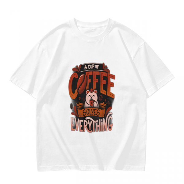 Olive t-shirt with coffee bear graphic that says a cup of coffee solves everything