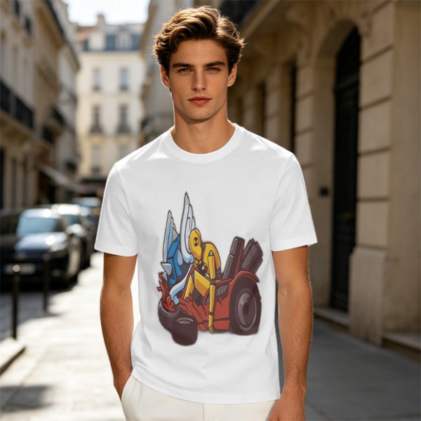 Olive T-Shirt With Cartoon Robot And Winged Vehicle Graphic