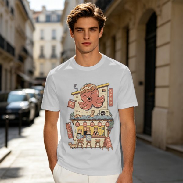 Olive T-Shirt with Octopus Takoyaki Shop Cat Art Print