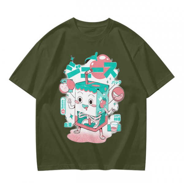 Olive t-shirt with a cartoon apple juice box skeleton graphic