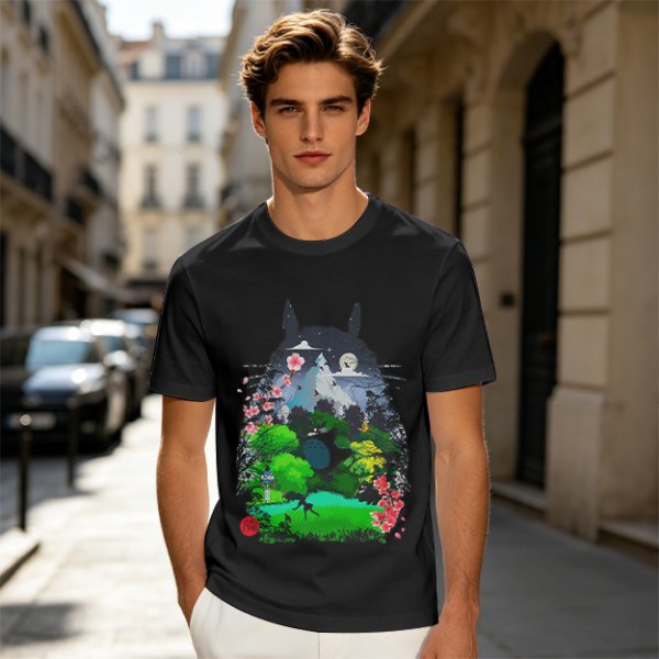 Olive Green T-Shirt with Totoro Nature Landscape Graphic Print