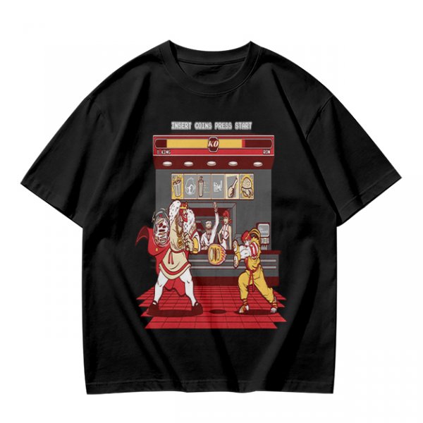 Olive T-shirt with Fast Food Themed Street Fighter Style Fight Artwork
