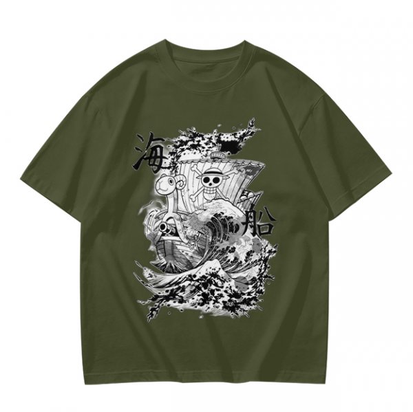 Olive T-shirt with One Piece Going Merry Ship Ink Art Print