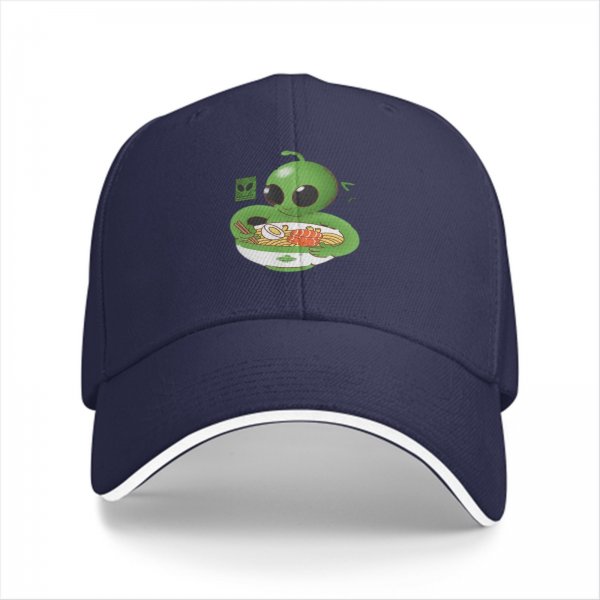 Black Baseball Cap with Cute Alien Eating Ramen Graphic