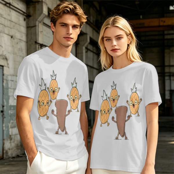 Olive T-Shirt With Cartoon Pineapples And Brown Character Graphic