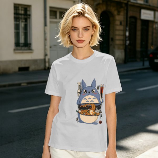 Olive T-shirt with Totoro ramen bowl graphic print
