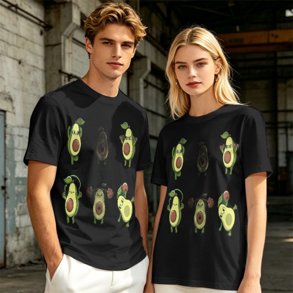 Olive Green T-Shirt with Cartoon Avocado Fitness Characters Print
