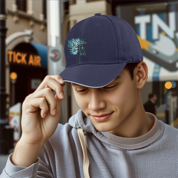 Black Baseball Cap With Blue Mythical Beast Graphic Print