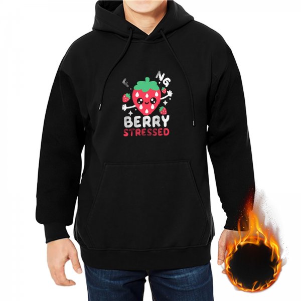 Black hoodie with cute strawberry graphic and 'berry stressed' text