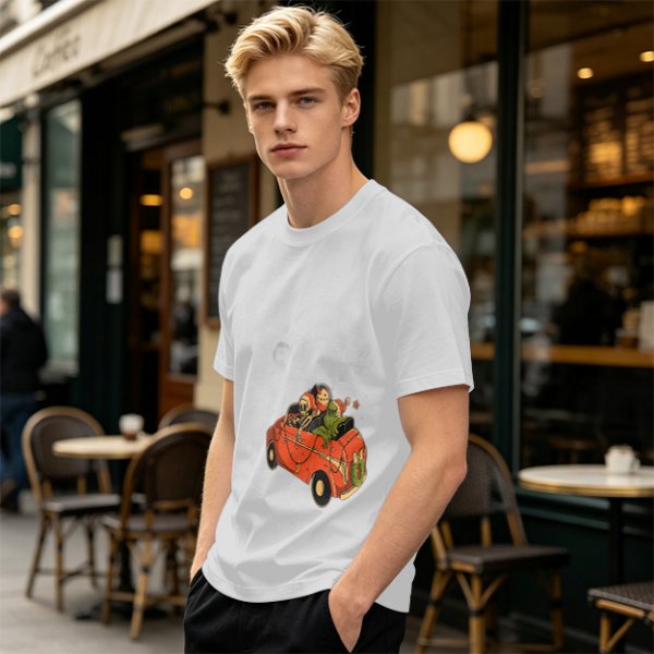 Olive T-Shirt with Skeleton and Friends in Christmas Car Print