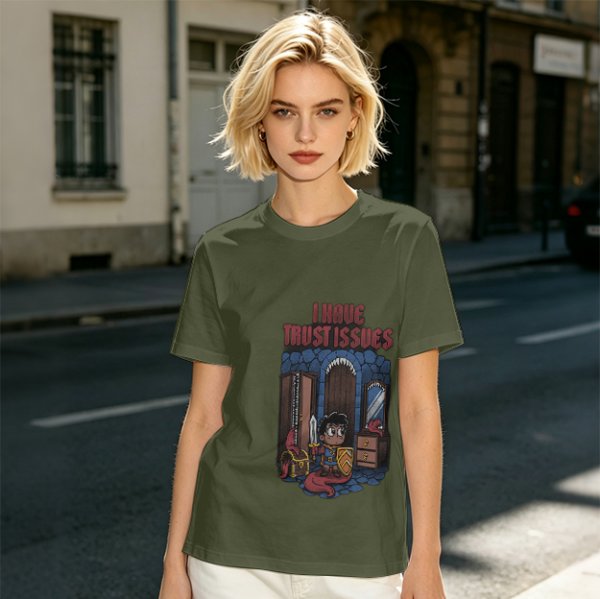 Olive t-shirt with 'I Have Trust Issues' chibi knight graphic