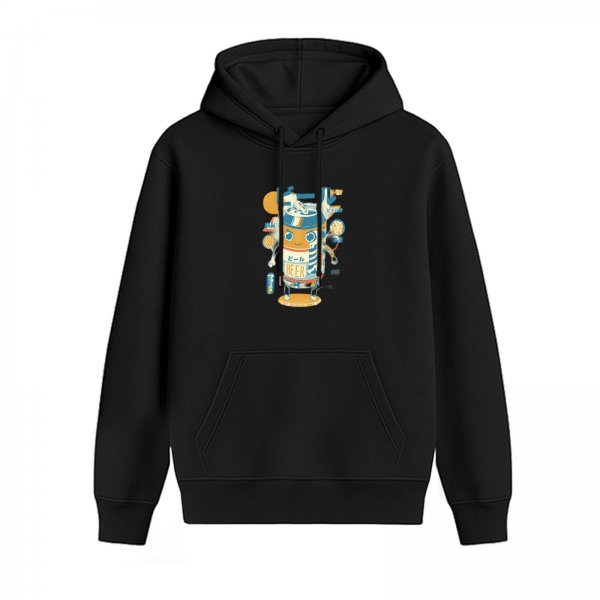 Black Hoodie With Cute Beer Can Robot Graphic Print