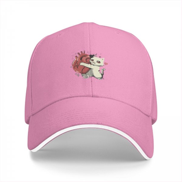 Black Baseball Cap With Cute White Cat Hugging Anatomical Heart Art