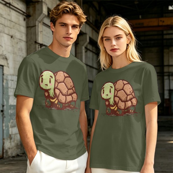 Olive Green T-Shirt With Cute Cartoon Turtle Graphic