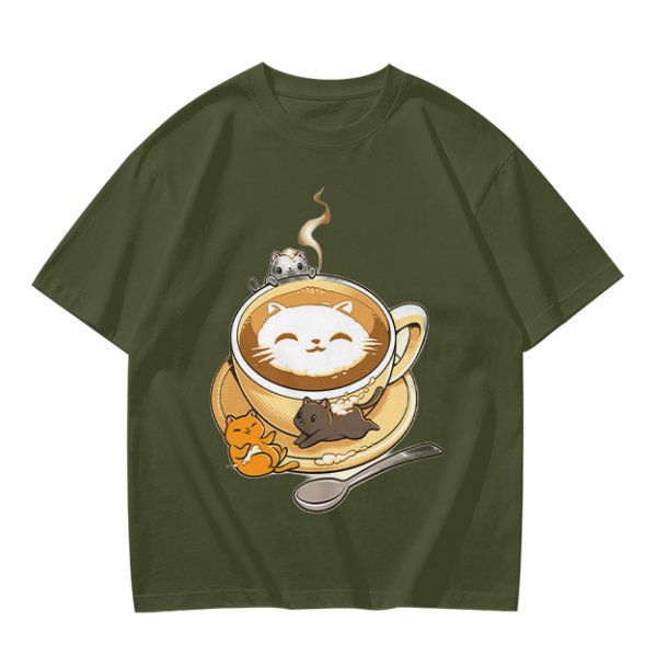 Olive Green T-Shirt With Cute Cat Latte Art And Kittens Print