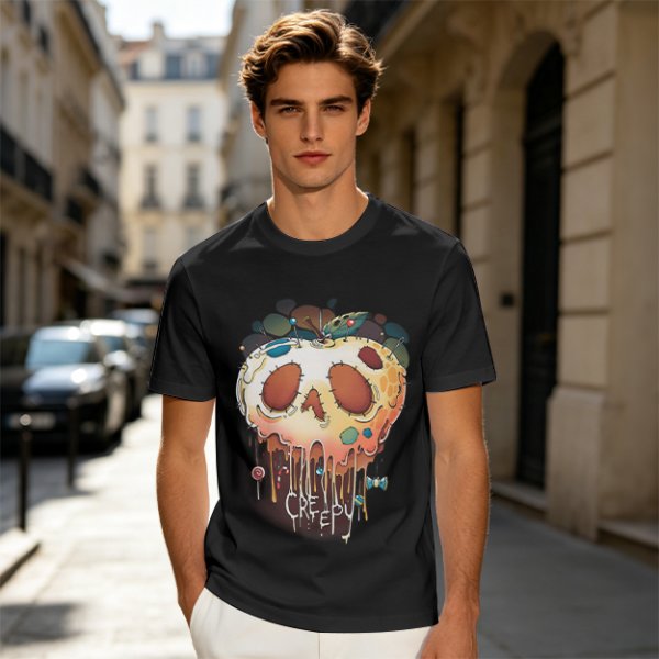 Olive Green T-Shirt With Creepy Melting Skull Apple Graphic