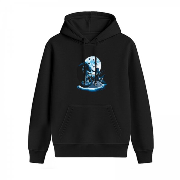 Black hoodie with moonlit fantasy character graphic print