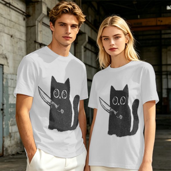 Olive T-Shirt With Cute Black Cat Holding Knife Graphic