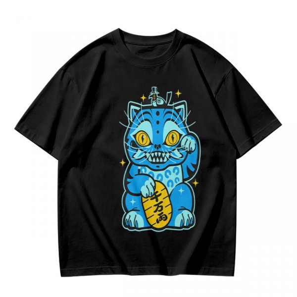 Olive T-Shirt With Blue Maneki-Neko Monster Graphic Print