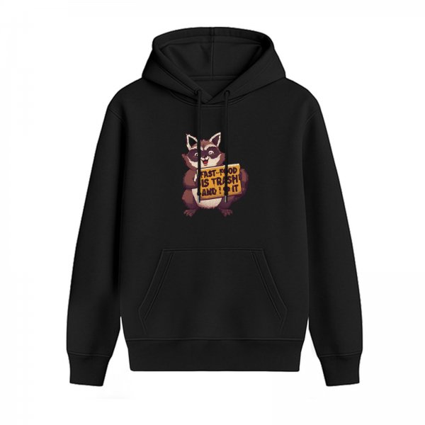 Black hoodie with a raccoon holding a fast food protest sign