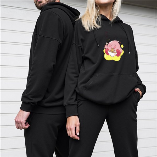 Black hoodie featuring Kirby eating ramen on a yellow star