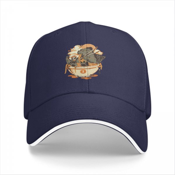 Black Baseball Cap with Dinosaur Eating Ramen Graphic