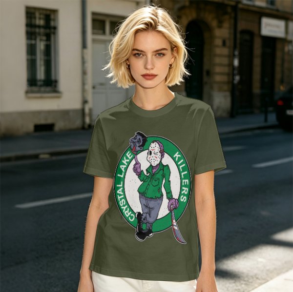 Army Green T-Shirt with Crystal Lake Killers Jason Voorhees Graphic