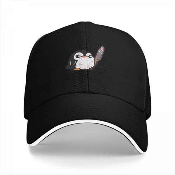 Black baseball cap with a cute penguin holding a bloodied knife print