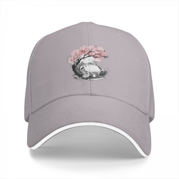 Black baseball cap with Totoro under cherry blossom tree print