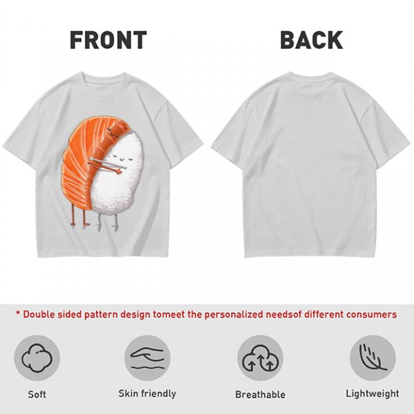 Olive T-shirt with Cute Hugging Salmon Sushi and Rice Print