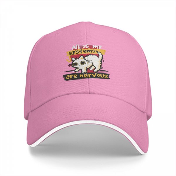 Black baseball cap with nervous cat 'all of my systems are nervous' print
