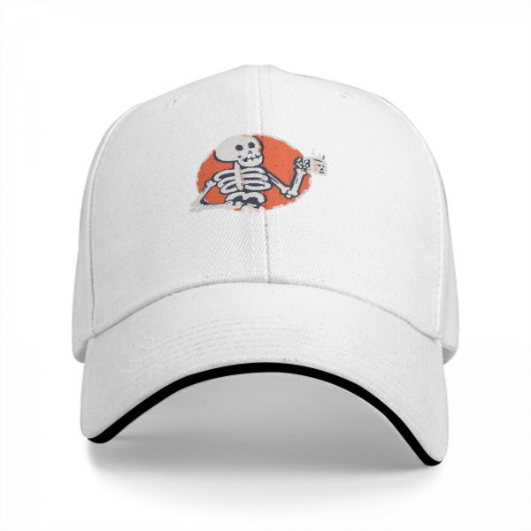 Black baseball cap with skeleton holding coffee cup graphic