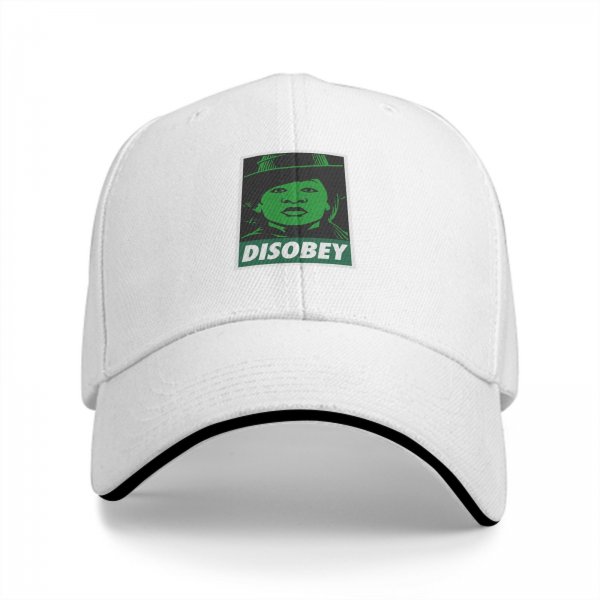 Black baseball cap with green 'DISOBEY' portrait graphic