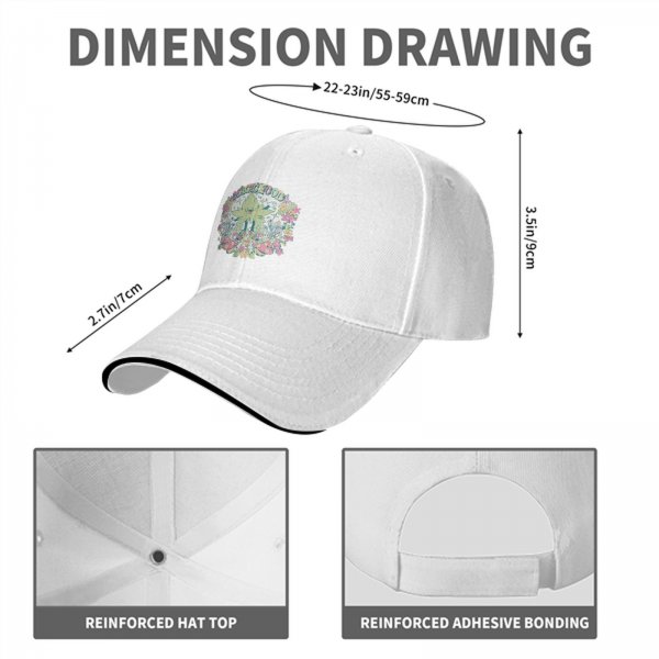 Black baseball cap with whimsical magical plant and mushroom graphic