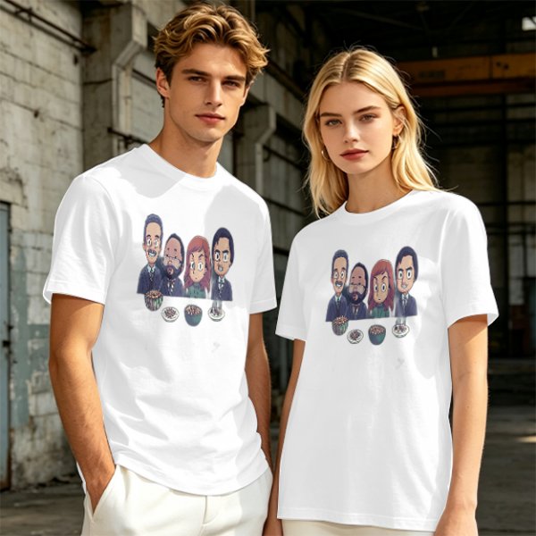 Olive T-shirt with Cartoon Group of Four People and Bowls Print