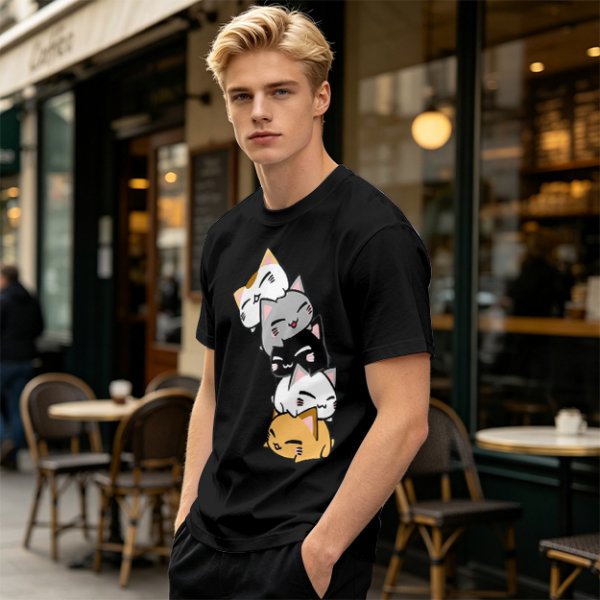 Olive T-Shirt With Stacked Cute Chibi Cats Graphic
