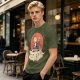 Olive T-shirt with a cat warrior riding a flying cloud graphic