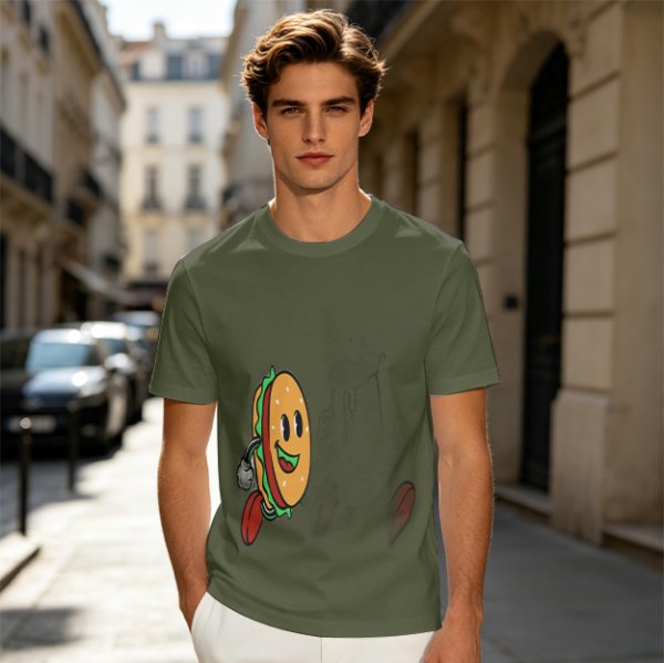 Olive T-Shirt With Cartoon Running Hamburger Character Print