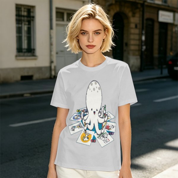Olive T-Shirt With Cute Octopus Drawing Artwork Print