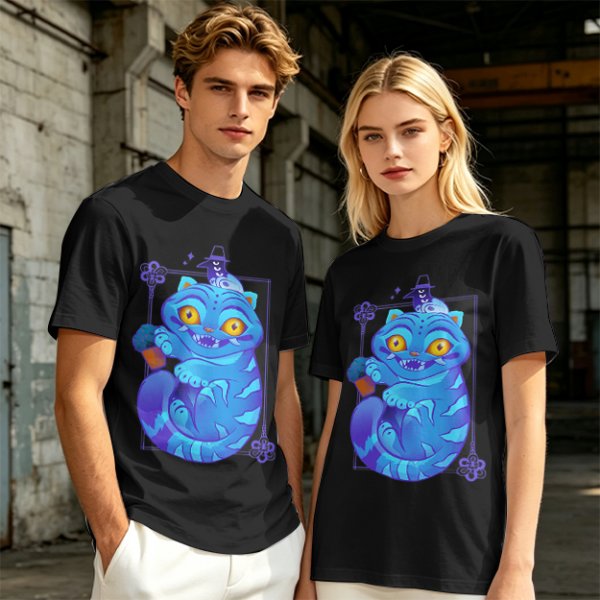 Olive T-Shirt With Cheshire Cat And Crow Graphic Print